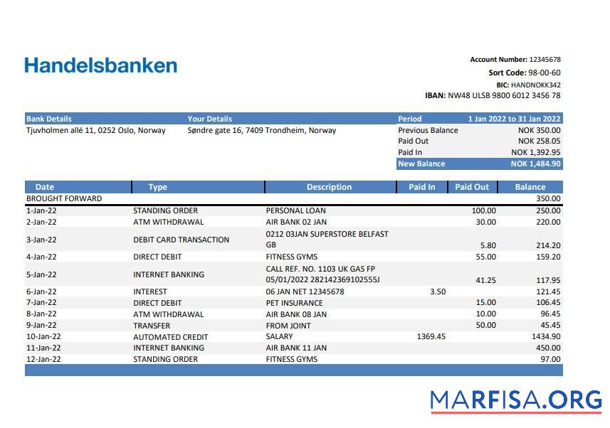 Норвегия Handelsbanken Банковский Выписка из банка Excel предпросмотр