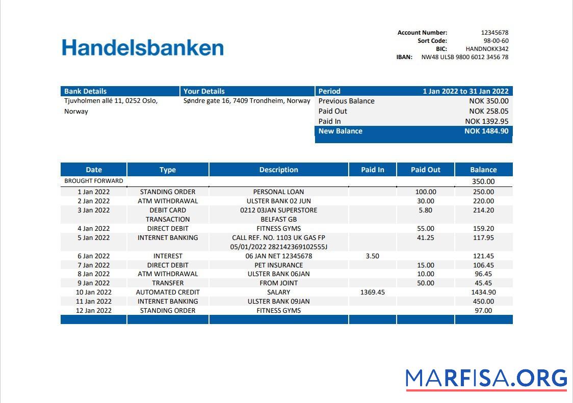 Норвегия Handelsbanken Банковский Выписка из банка Word предпросмотр