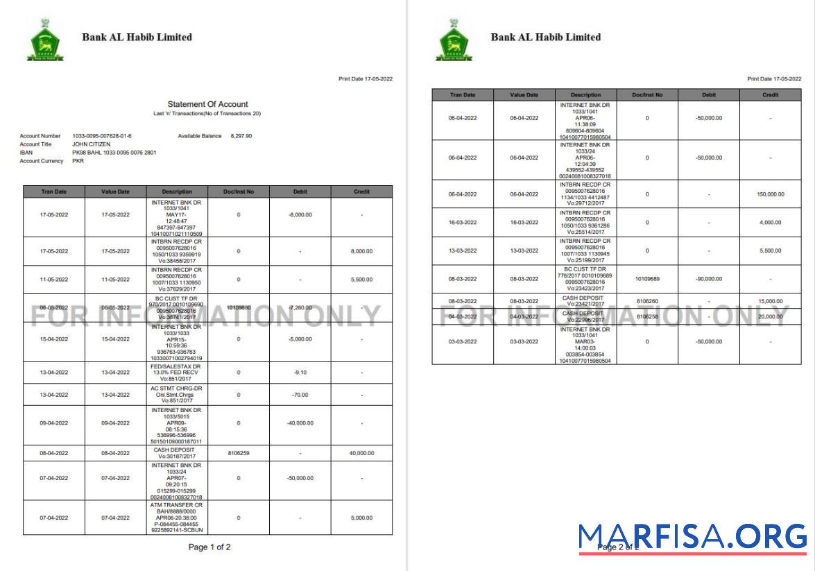 Пакистан Банковский Al Habib Банковский Выписка из банка Word 2 pages макет