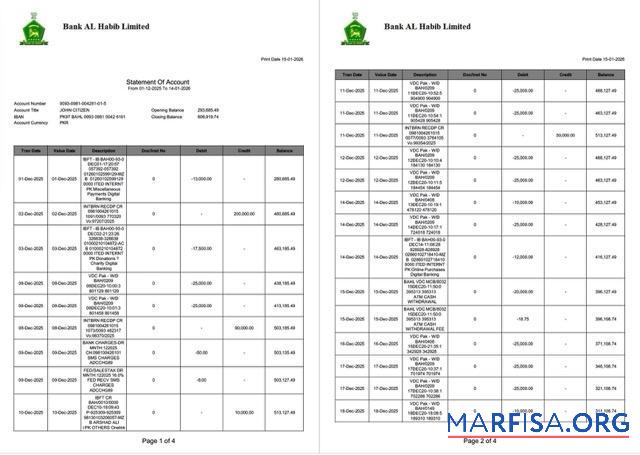 Пакистан Банковский Al Habib Выписка из банка of Аккаунт Word 4 pages, 1 2 pages образец