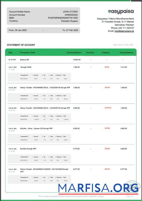 Пакистан Easypaisa Выписка из банка of Аккаунт┬áWord предпросмотр