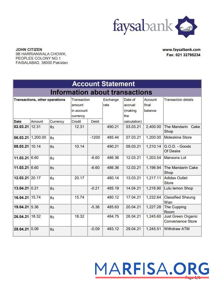 Пакистан Fasyal Банковский Выписка из банка Excel образец
