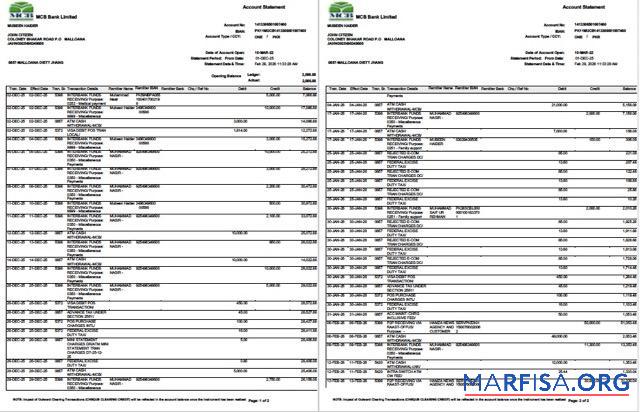 Пакистан MCB Банковский Аккаунт Выписка из банка Word 2 pages макет