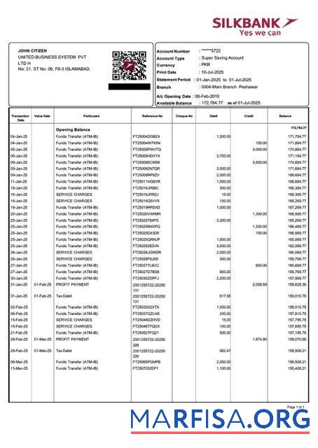 Пакистан Silkbank Аккаунт Выписка из банка┬áWord образец