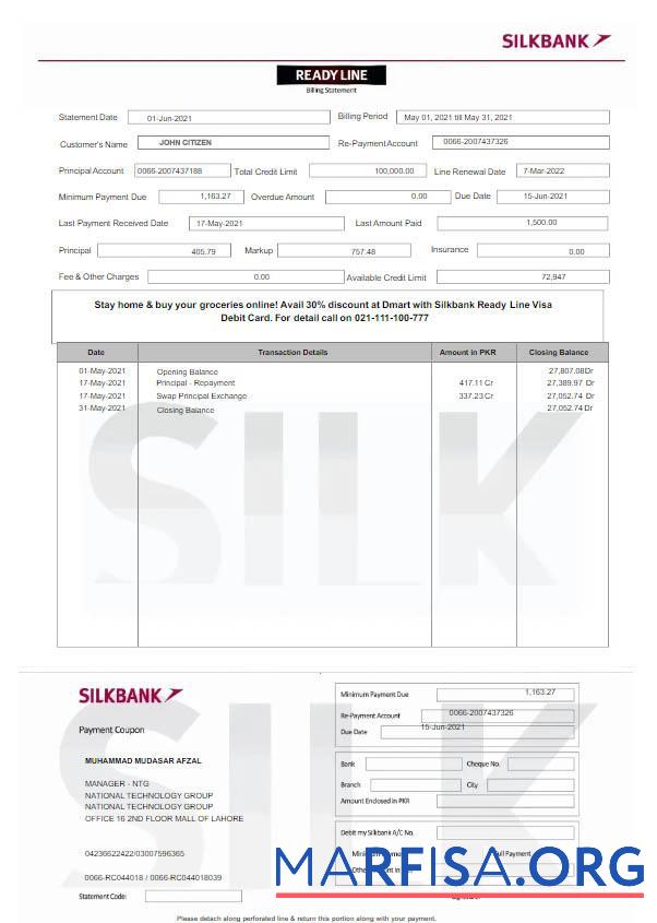 Пакистан Silkbank Выписка из банка Word дизайн