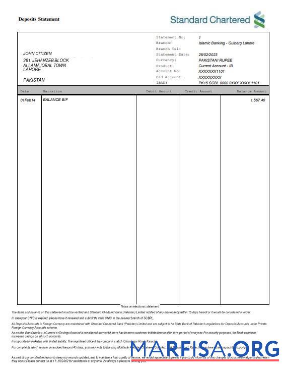 Пакистан стандартный Chartered Банковский Выписка из банка Word дизайн