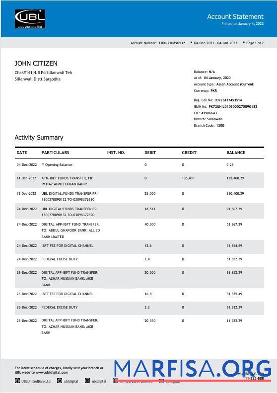 Пакистан UBL Банковский Выписка из банка Word 2 pages макет
