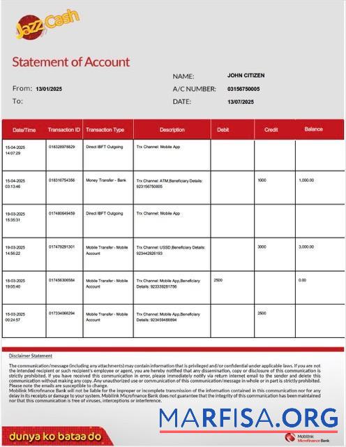 Пакистан┬áMobilink Microfinance Банковский Выписка из банка Word Версия 2 предпросмотр