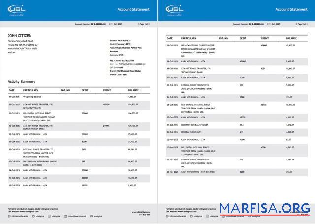Пакистан┬áUnited Банковский Limited Аккаунт Выписка из банка┬áWord 2 pages макет