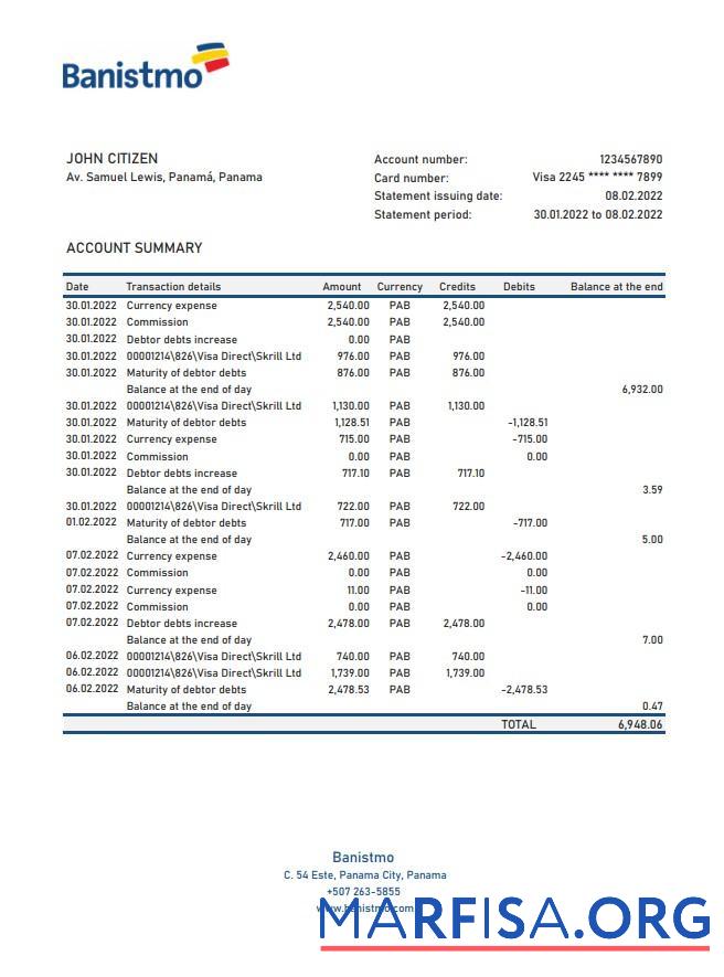Панама Banistmo Банковский Выписка из банка Excel макет