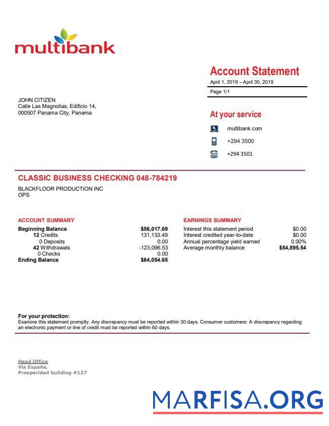 Панама Multibank Банковский Выписка из банка Word шаблон