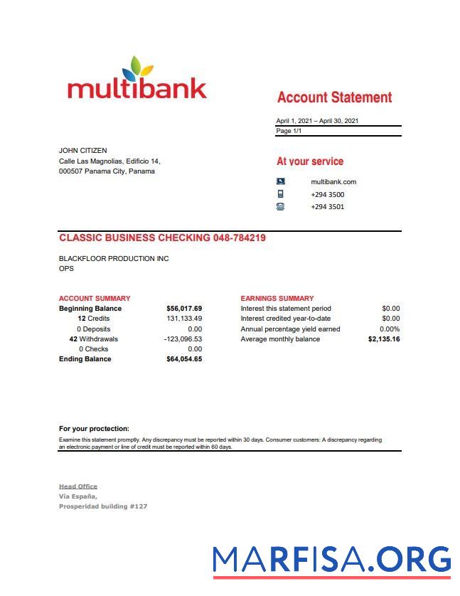 Панама Multibank Выписка из банка Excel предпросмотр
