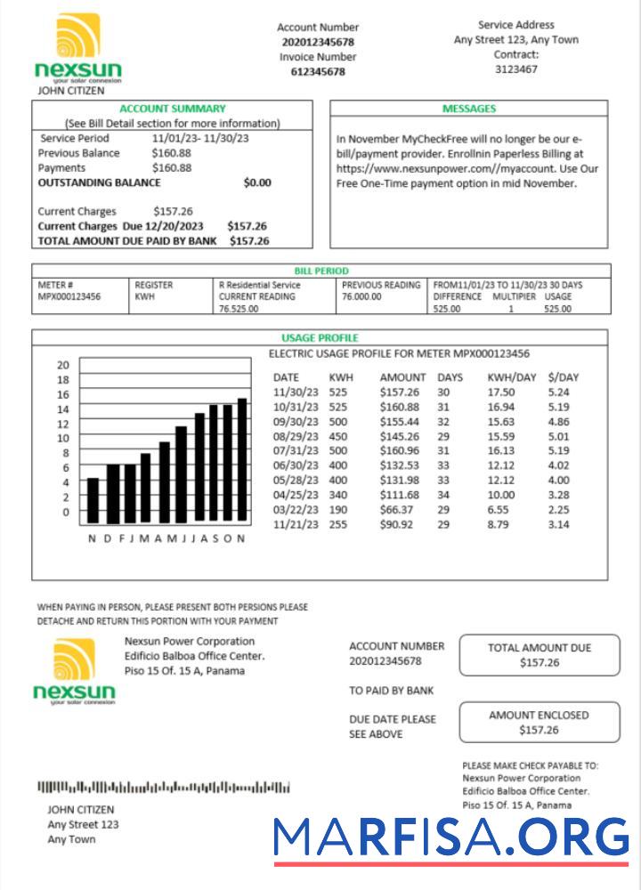 Панама Nexsun Power Corporation Электричество Счёт за коммунальные услуги Счёт Word предпросмотр