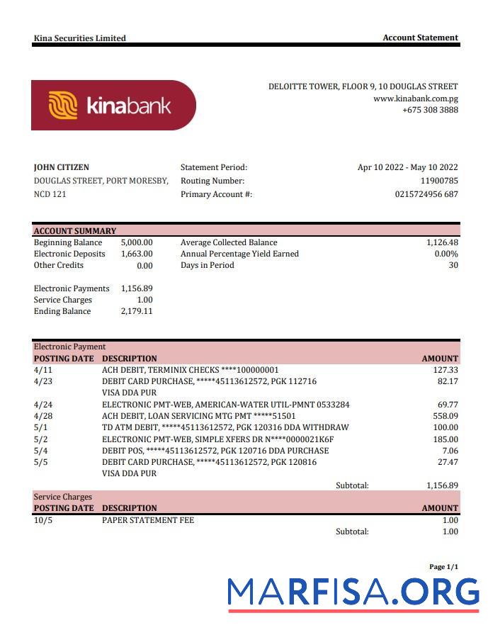 Папуа-Новая Гвинея Kina Securities Limites Банковский Выписка из банка Excel образец