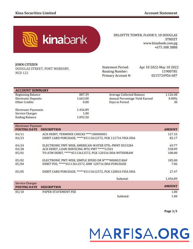 Папуа-Новая Гвинея Kina Securities Limites Банковский Выписка из банка Word предпросмотр