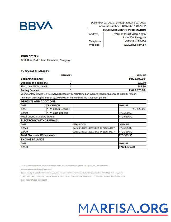 Парагвай BBVA Банковский Выписка из банка Excel шаблон