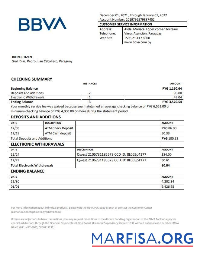 Парагвай BBVA Банковский Выписка из банка Word предпросмотр
