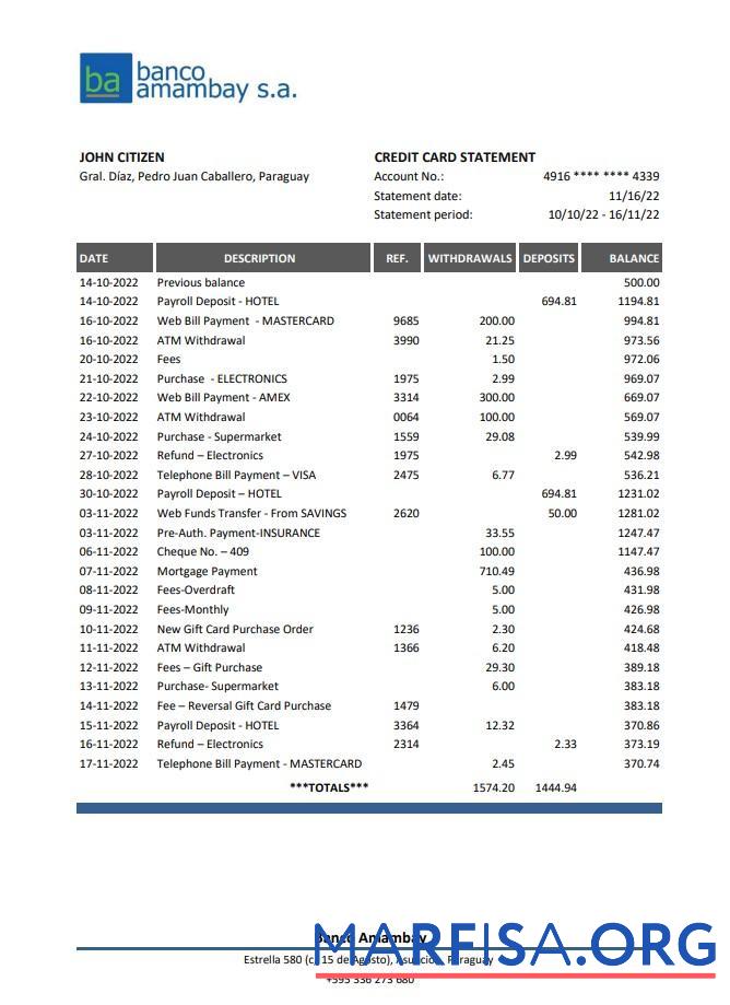 Парагвай Banco Amambay Банковский Выписка из банка Excel макет