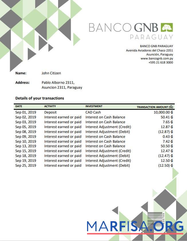 Парагвай Banco Continental S.A.E.C.A. Банковский Выписка из банка Word образец