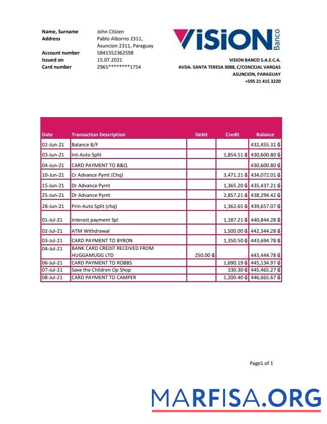 Парагвай Vision Banco Банковский Выписка из банка Excel дизайн