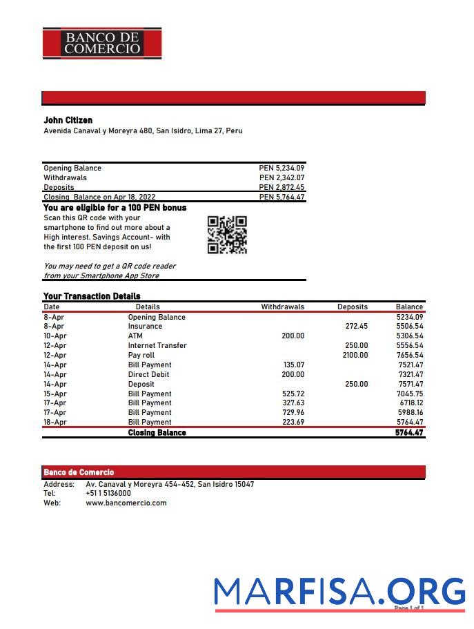 Перу Banco de Comercio Банковский Выписка из банка Excel дизайн
