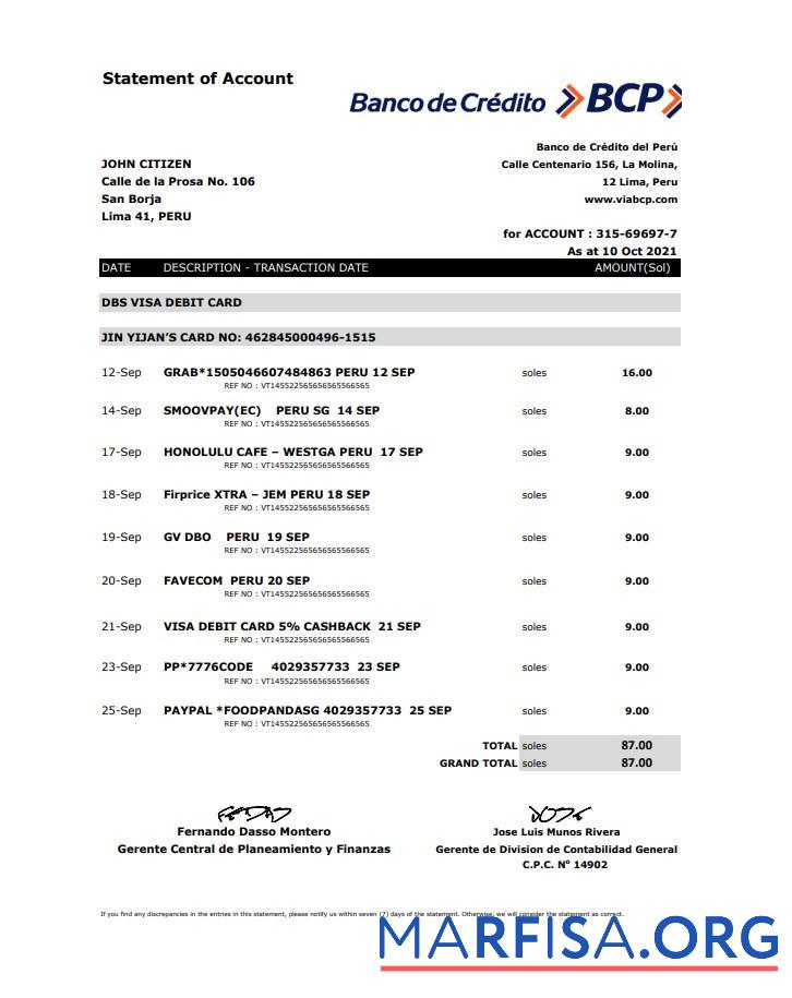 Перу Banco de Credito del Перу (BCP) Банковский Выписка из банка Excel образец