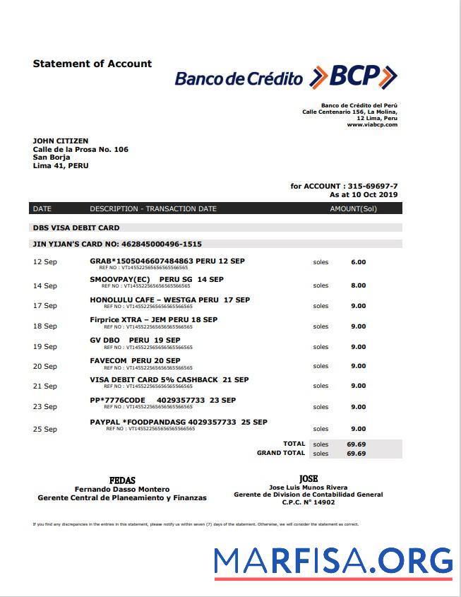 Перу Banco de Credito del Перу (BCP) Банковский Выписка из банка Word образец