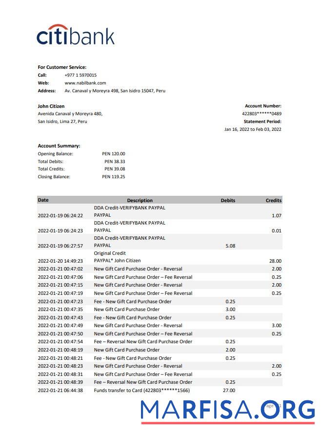 Перу Citibank Банковский Выписка из банка Excel Версия 2 дизайн