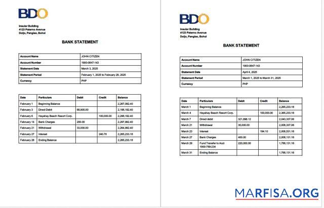 Филиппины BDO Банковский┬áАккаунт Выписка из банка Word 2 pages предпросмотр