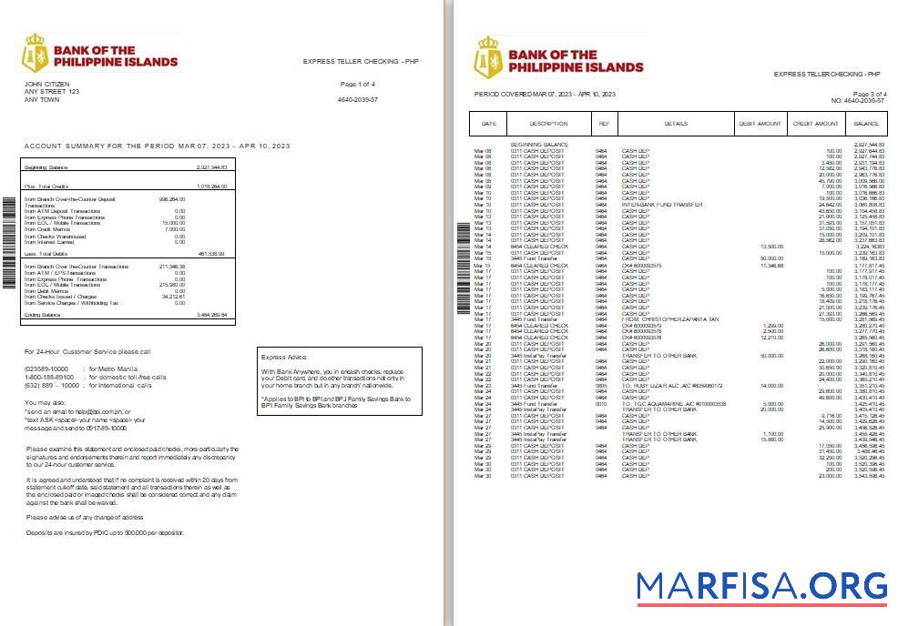 Филиппины Банковский of the Philippine Islands Банковский Выписка из банка Word 2 pages шаблон