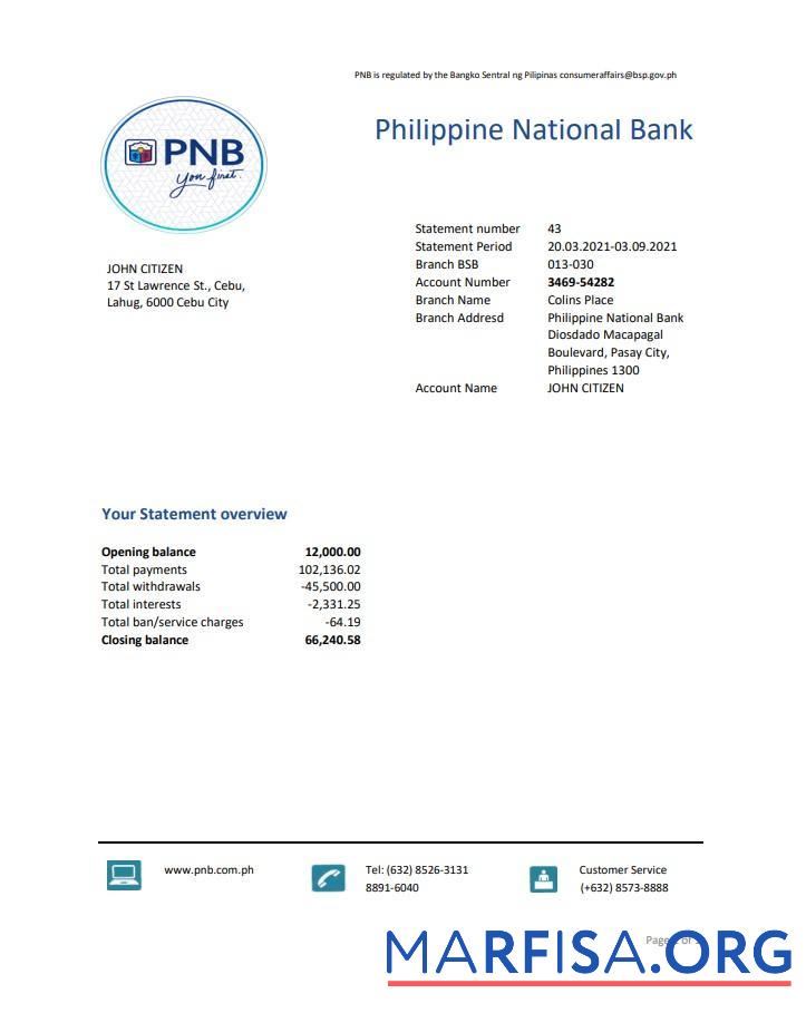 Филиппины национальный Банковский (PNB) Банковский Выписка из банка Excel шаблон