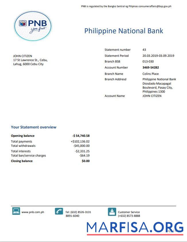 Филиппины национальный Банковский (PNB) proof of address Банковский Выписка из банка Word дизайн