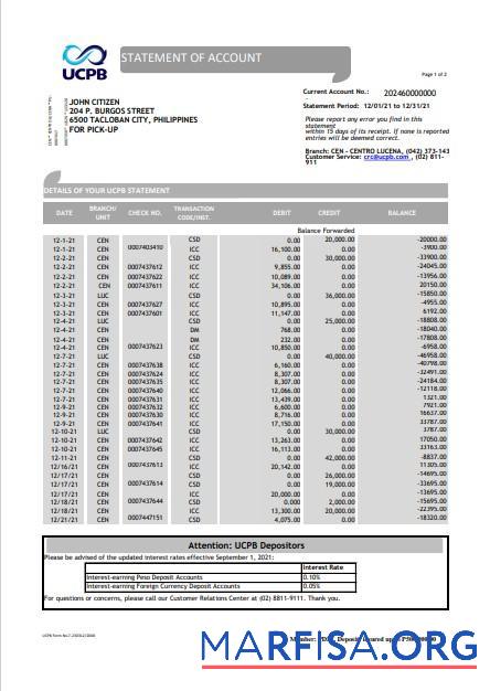 Филиппины UCPB Банковский Выписка из банка of Аккаунт Excel дизайн