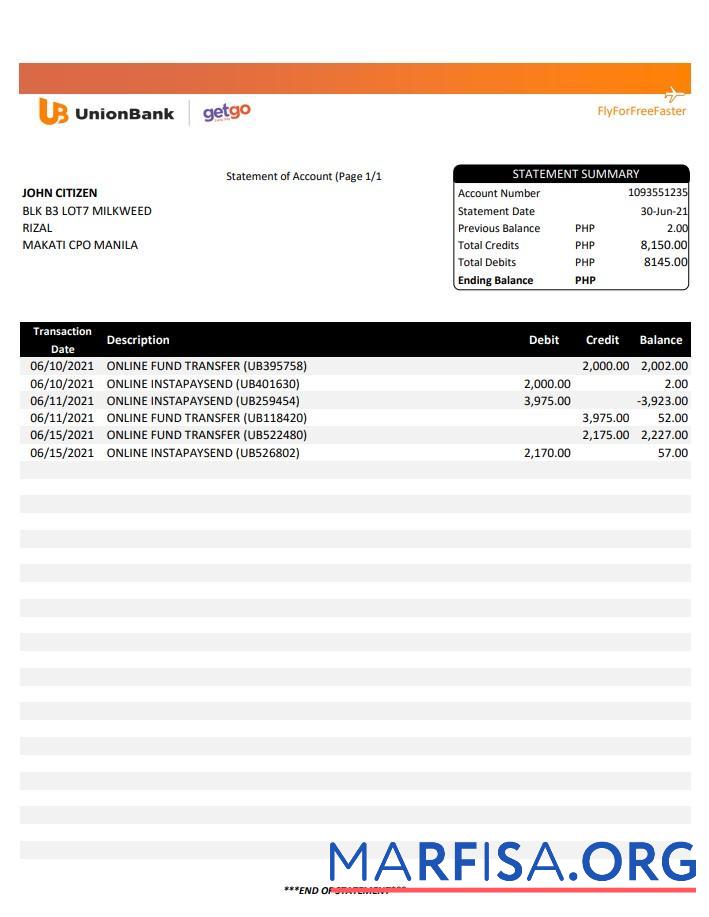 Филиппины Unionbank Выписка из банка Excel макет