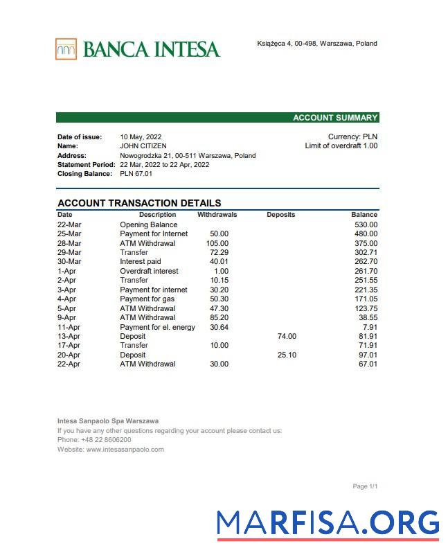 Польша Banca Intesa Банковский Выписка из банка Excel образец