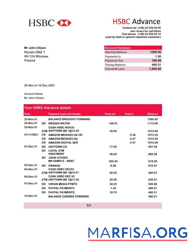 Польша HSBC Банковский Выписка из банка Excel образец