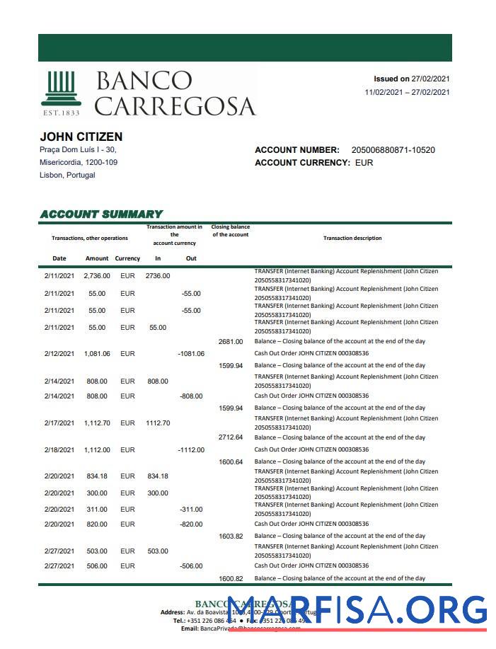 Португалия Banco Carregosa Банковский Выписка из банка Excel дизайн