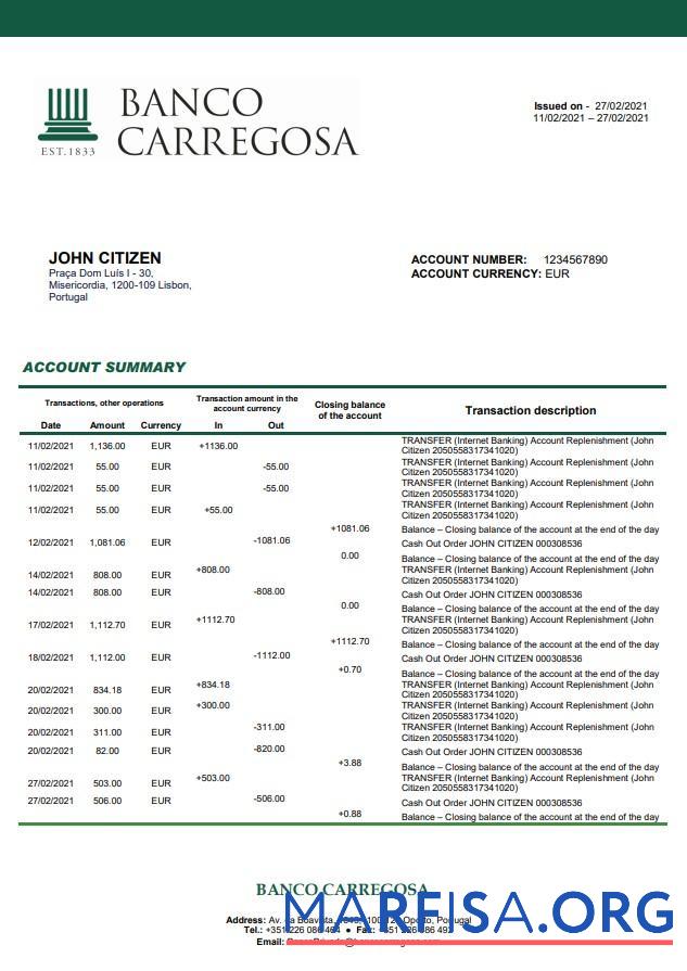 Португалия Banco Carregosa Банковский Выписка из банка Word макет