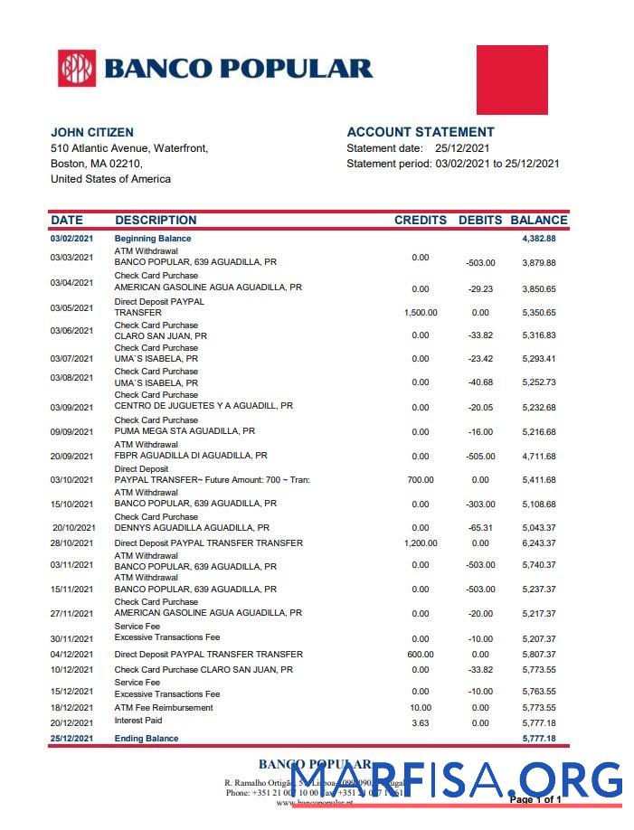 Португалия Banco Popular Банковский Выписка из банка Excel дизайн