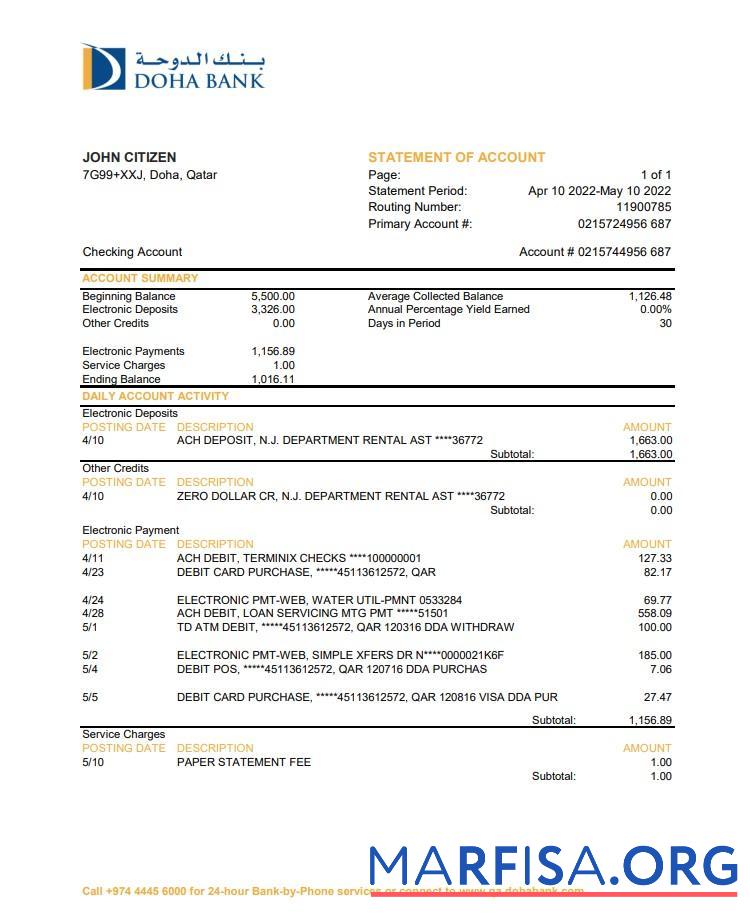 Катар Doha Банковский Выписка из банка Excel образец