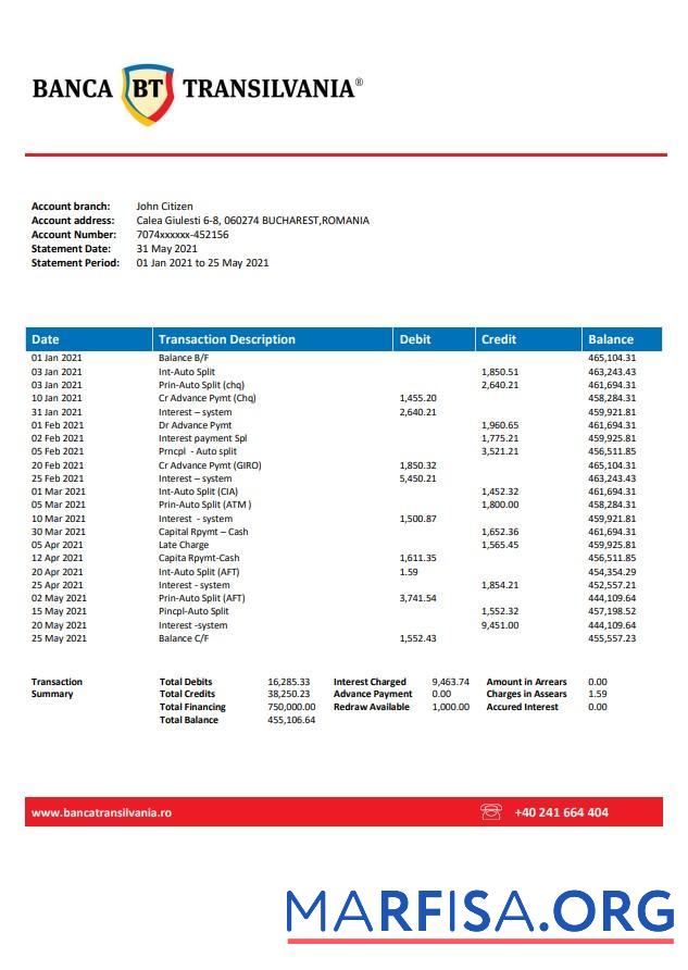 Румыния Banca Transilvania Банковский Выписка из банка Excel образец