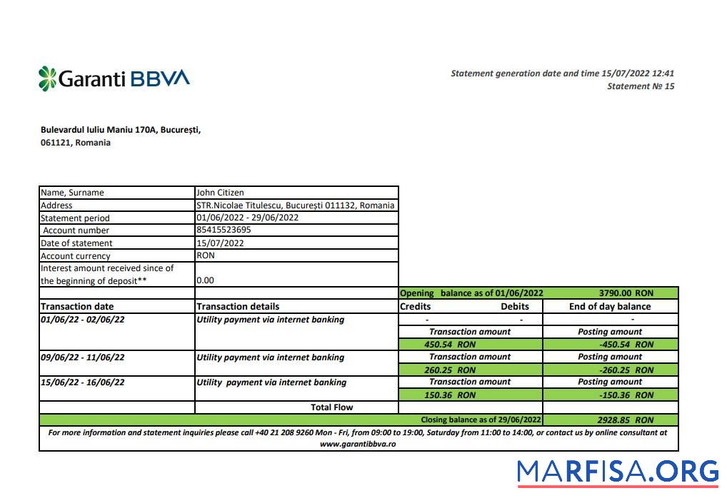 Румыния Garanti BBVA Банковский Выписка из банка Excel дизайн