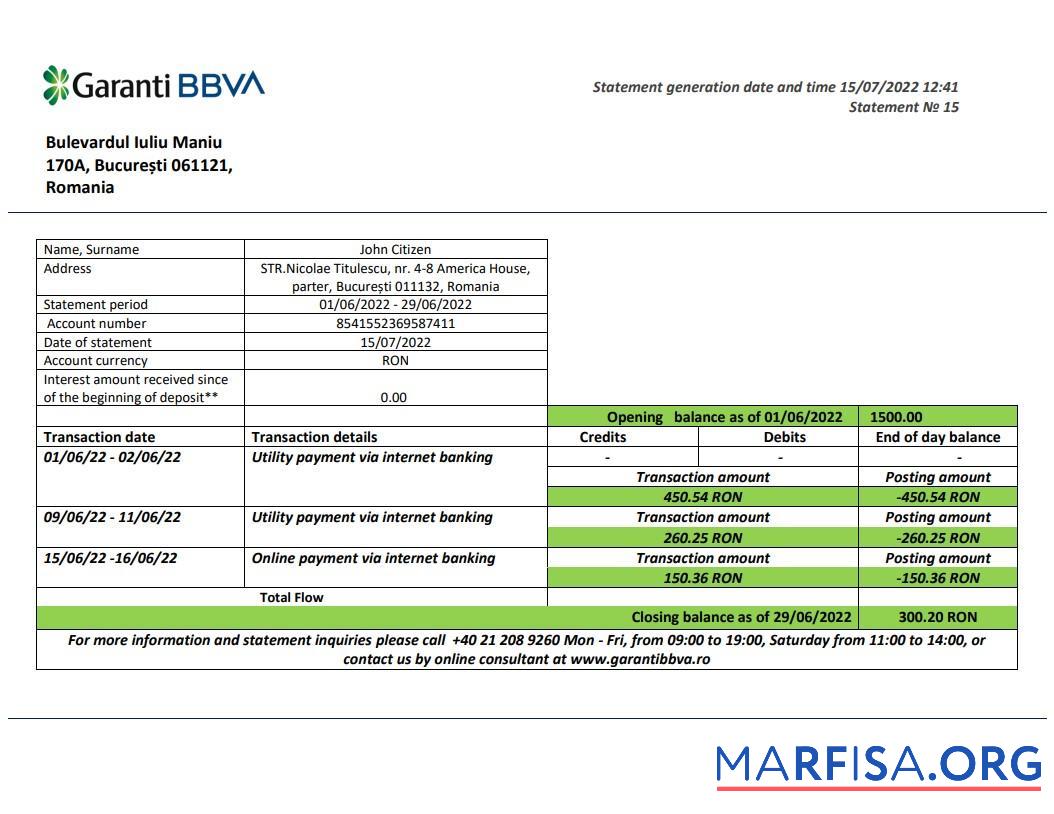 Румыния Garanti BBVA Банковский Выписка из банка Word дизайн