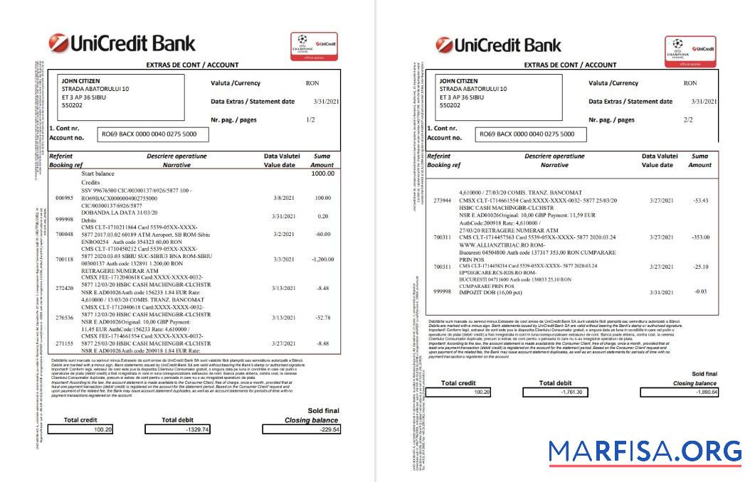 Румыния UniCredit Банковский Выписка из банка Excel 2 pages шаблон