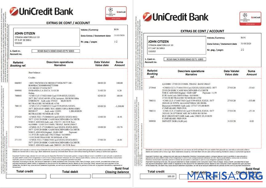 Румыния UniCredit Банковский Выписка из банка Excel шаблон