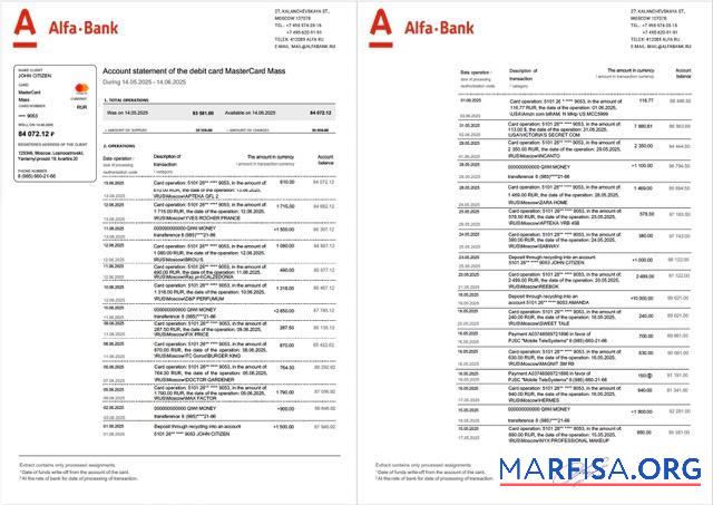 Россия Alfa Банковский Аккаунт Выписка из банка Word 2 pages дизайн