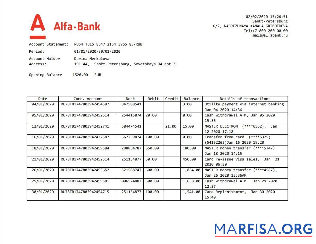 Россия Alfa Банковский proof of address Выписка из банка Word дизайн