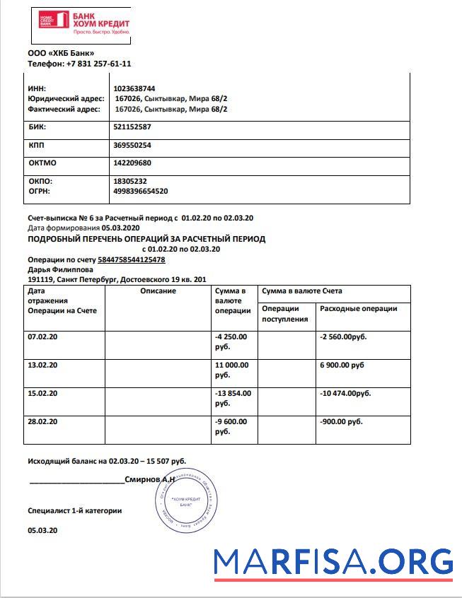 Россия Home Кредит Банковский Выписка из банка Word образец