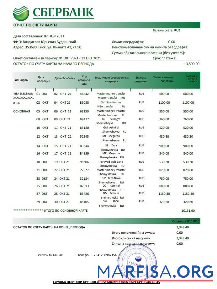 Россия Sberbank Банковский Выписка из банка Excel дизайн
