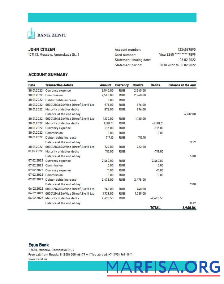 Россия Zenit Банковский Выписка из банка Excel макет